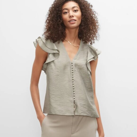 NWT Club Monaco Ruffle SLV Button Chemise in Sage - Picture 1 of 11